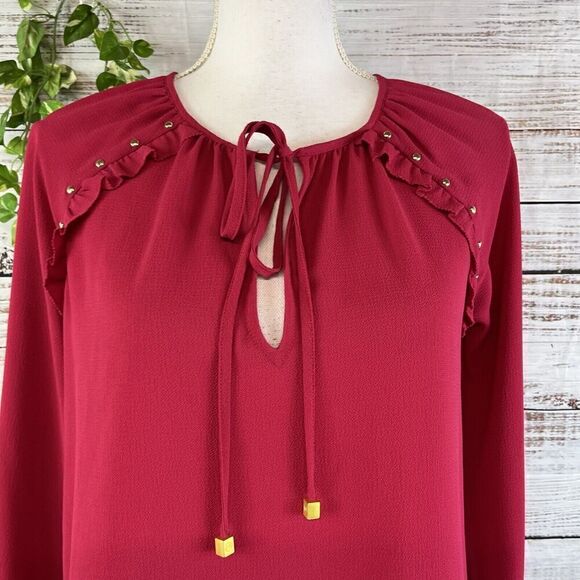 Michael Kors Tunic Blouse size Extra Small Dark Pink Crepe Ruffles Studs Bow Tie - Picture 6 of 15